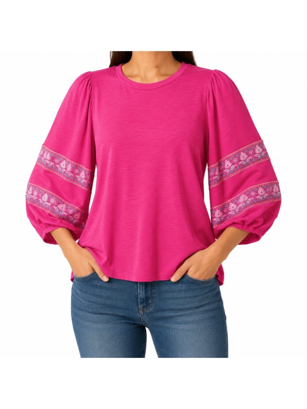 NEW DG2 Diane Gilman Pink Embroidered Sleeve Top - XS